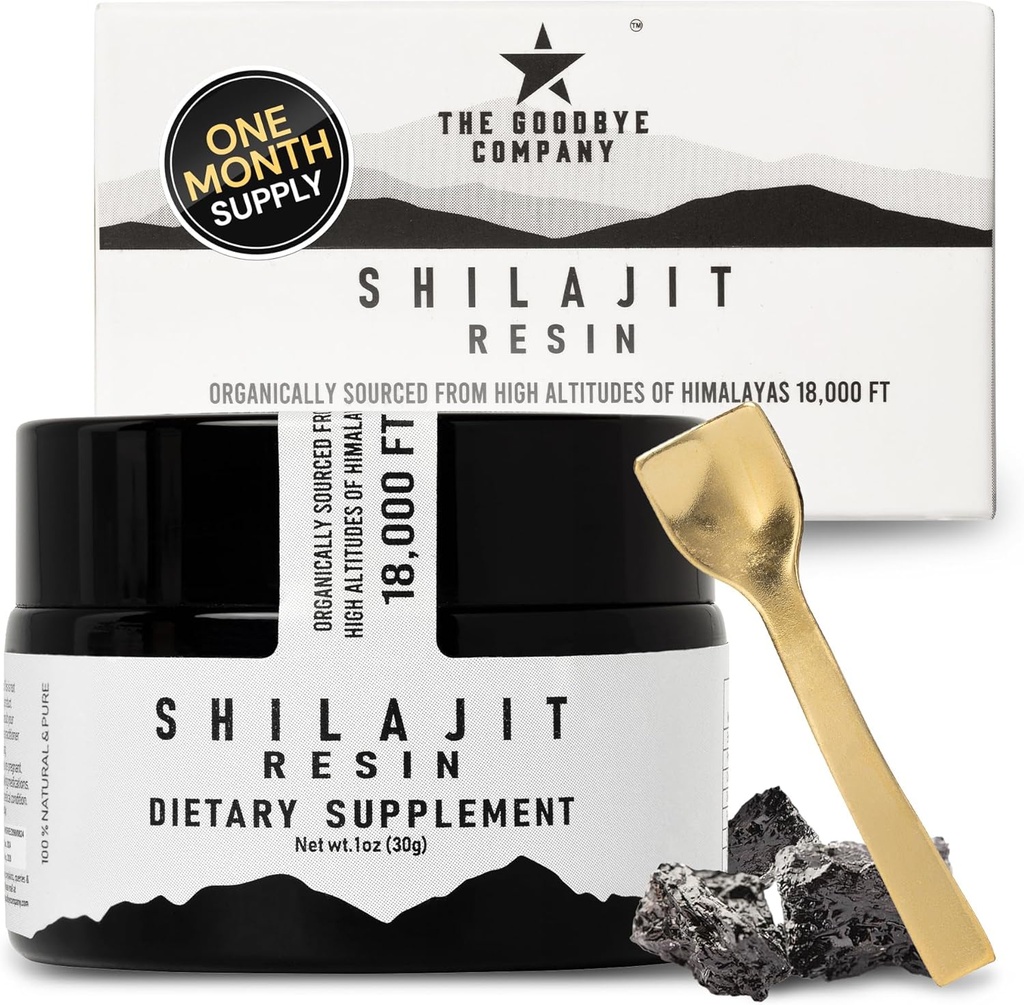 The Goodbye Company Pure Shilajit Resin - Organisk med 85 + Trace Minerals og Pure Fulvic Acid; for mænd og kvinder Energy Boost, Muscle Building, Stamina, Vitality Supplement 3-Måneders Supply