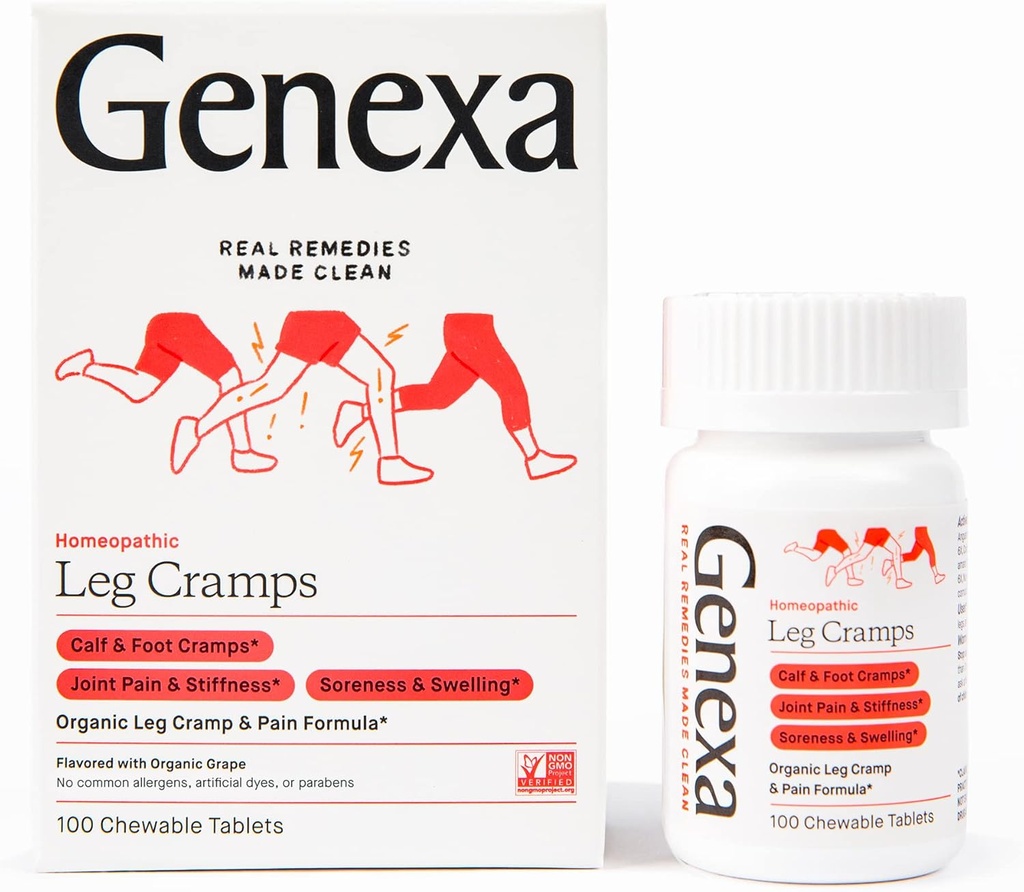 Genexa Leg Cramp Relief Mear 124; Foot Cramp Defense, fælles smerte & Stiffness, ømhed & Hævelse Mear 124; Lindrende Organisk Grape Flavor 124; Vegan & Non- GMO Mear 124; Homøopatisk Remedy Lavet Clean 124; 100 tyggetabletter