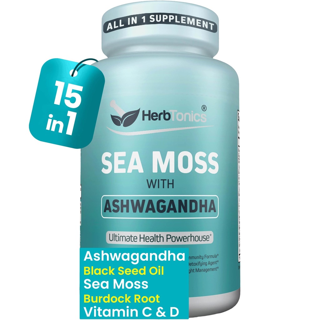 Herbtonics Sea Moss, Black Seed Oil, Ashwagandha, Burdock Root & ACV Complex 124; Boost Immunitet, Reducer stress, Support fordøjelsesmiddel 124; All- in- One SeaMoss kapsler 124; 60 kapsler
