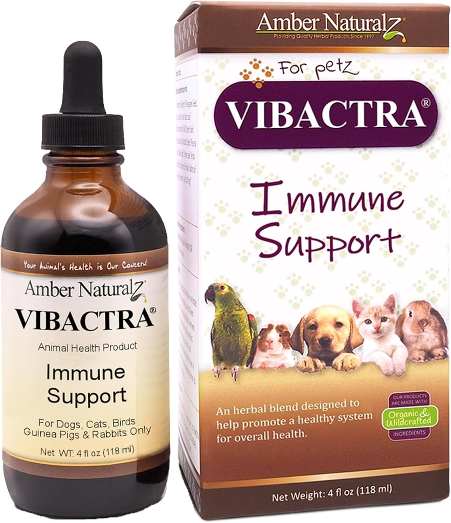 Amber NaturalZ Vibactra immunforsvar Herbal supplement til hunde, katte, fugle, Guinea svin, og kaniner Buddy 124; Pet Herbal Blend for total sundhed Buddy 124; 4 Fluid Ounce glasflaske Buddy 124; Fremstillet i USA