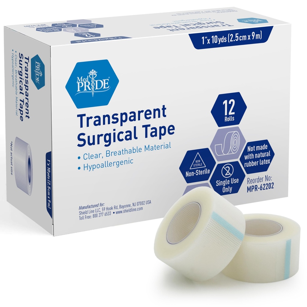 MED PRIDE Hypoallergenic Adhesive Surgical Tape 12 Pack Breathable First Aid Med Tape Latex & Rubber Free (1" X 10 yds Clear,Transparent)