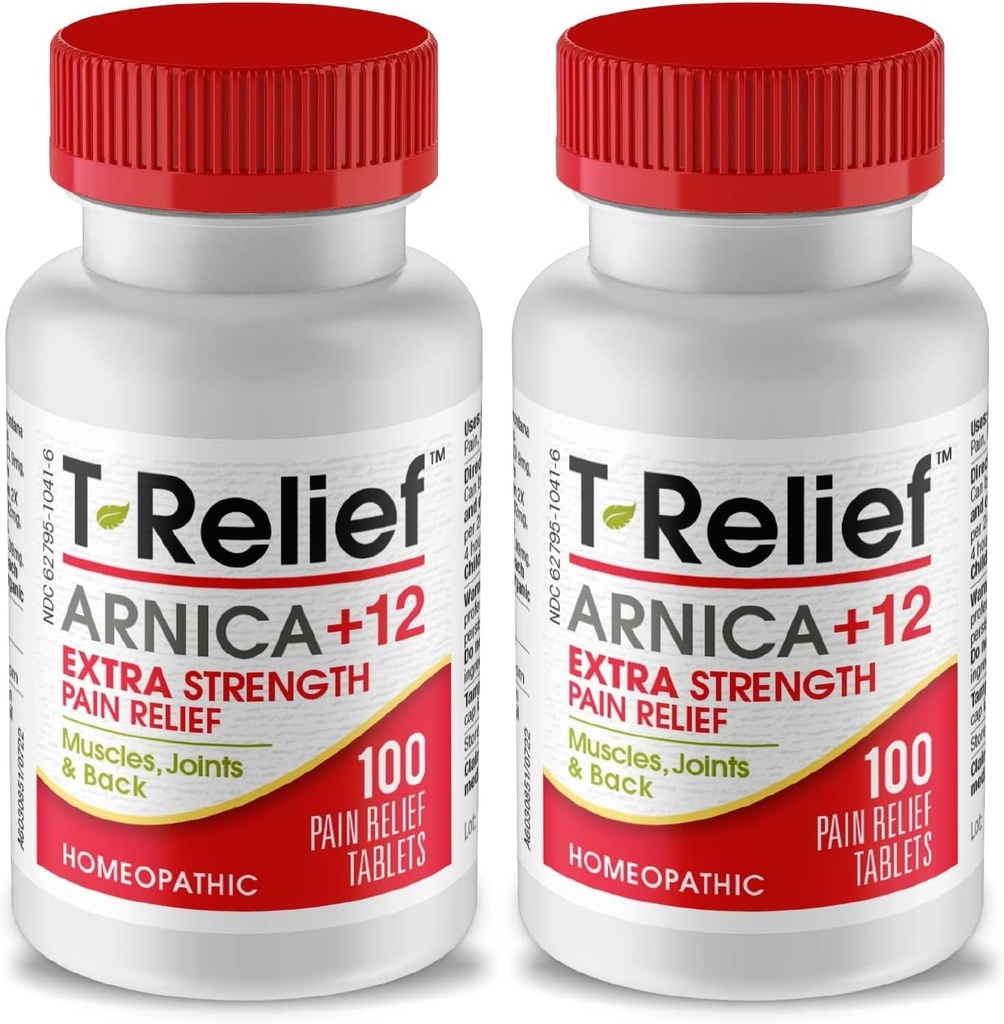 T-Relief Extra- Strength Arnica + 12 Natural Reliving Actives for Ryg Smerte Fælles ømhed Muskelakker & Stifness, Hele kroppen Fast- Active Relief for Kvinder & Mænd - 100 tabletter (2 Pack)