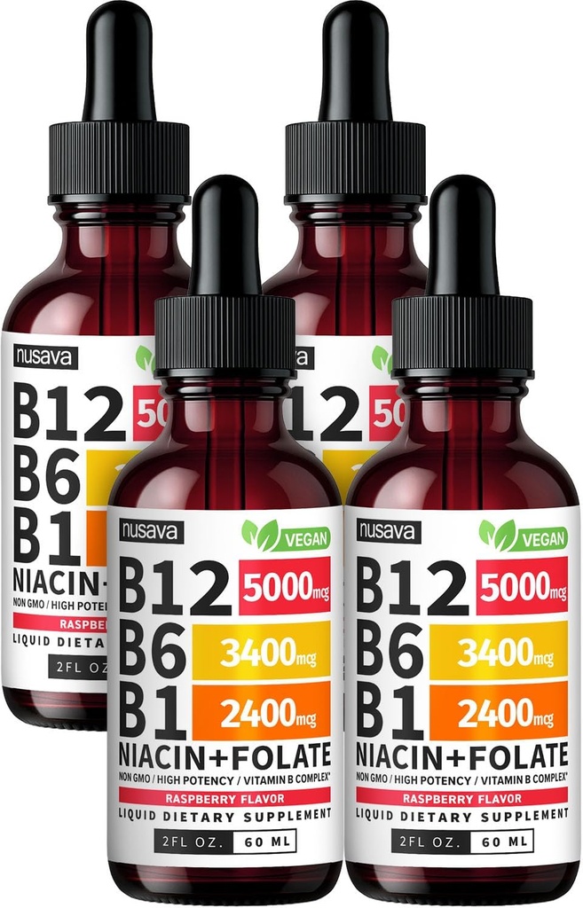 (4 Pack) Vitamin B12 og B6 flydende dråber, B12 Sublingual Vitamin B Complex - B 12 Vitamin 5000mcg - B12 Methylcobalamin til energi, hjerne, og hjerte støtte med 27,200 mcg, Hindbær, 80 Servering
