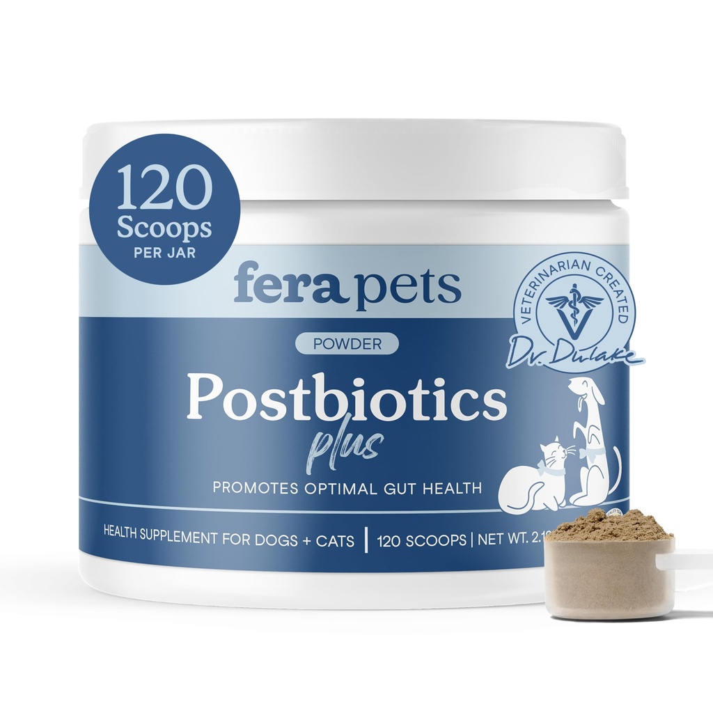 Fera Kæledyr Postbiotika Plus Prebiotika til hunde og katte - med Slippery Elm - fremmer optimal fordøjelsesmæssig sundhed & inflammatorisk respons - Forbedrer immunitet - 120 Scoops