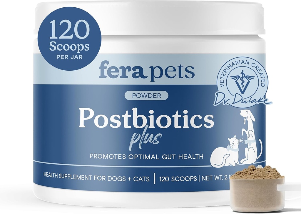 Fera Kæledyr Postbiotika Plus Prebiotika til hunde og katte - med Slippery Elm - fremmer optimal fordøjelsesmæssig sundhed & inflammatorisk respons - Forbedrer immunitet - 120 Scoops