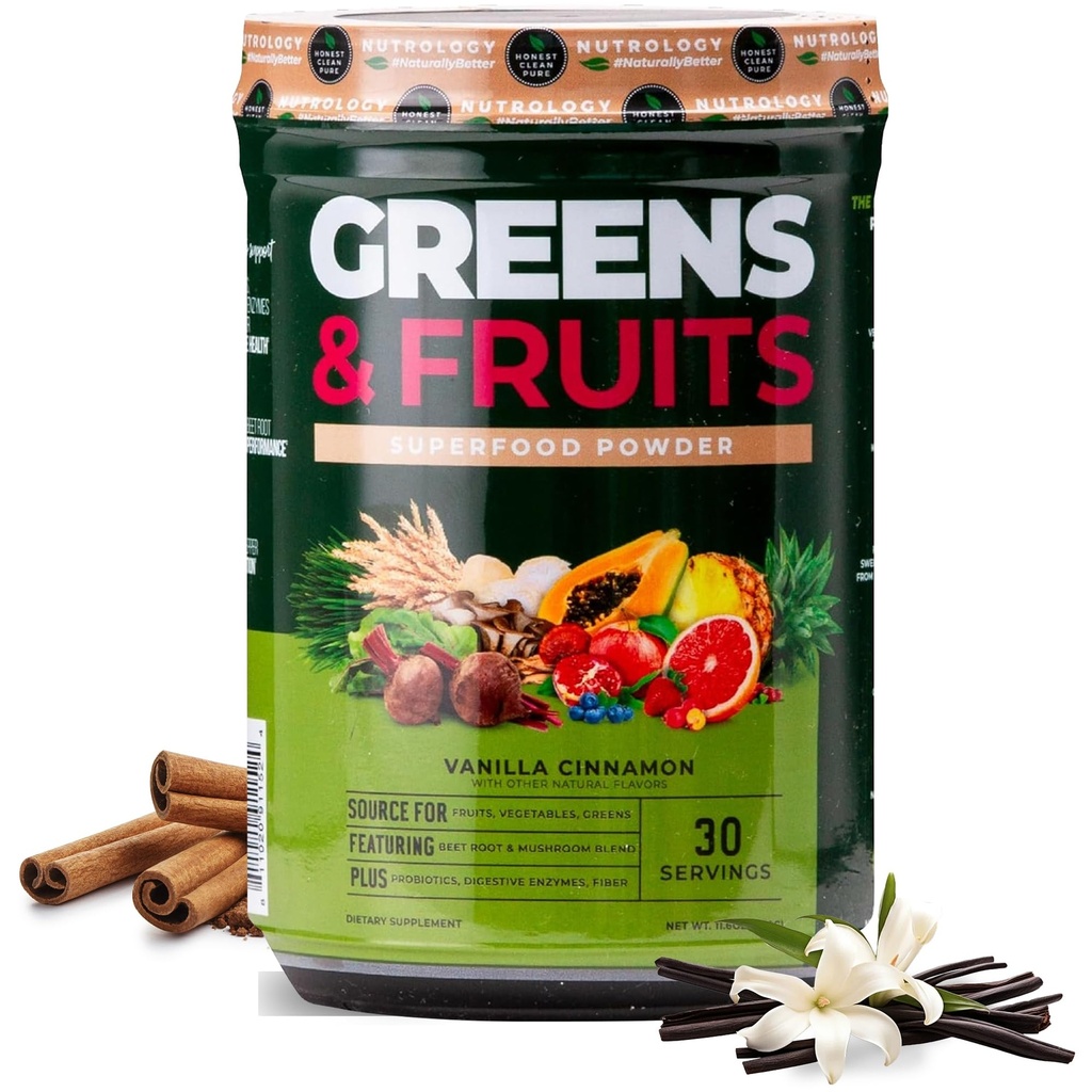 Nutrologi Grønne & frugter Powder- naturligt sourced superfood, Beet Powder, Mushroom Blend, Probiotika, fordøjelsesenzymer, fibre, antioxidanter, immunforsvar, Gluten Free - Vanilla kanel