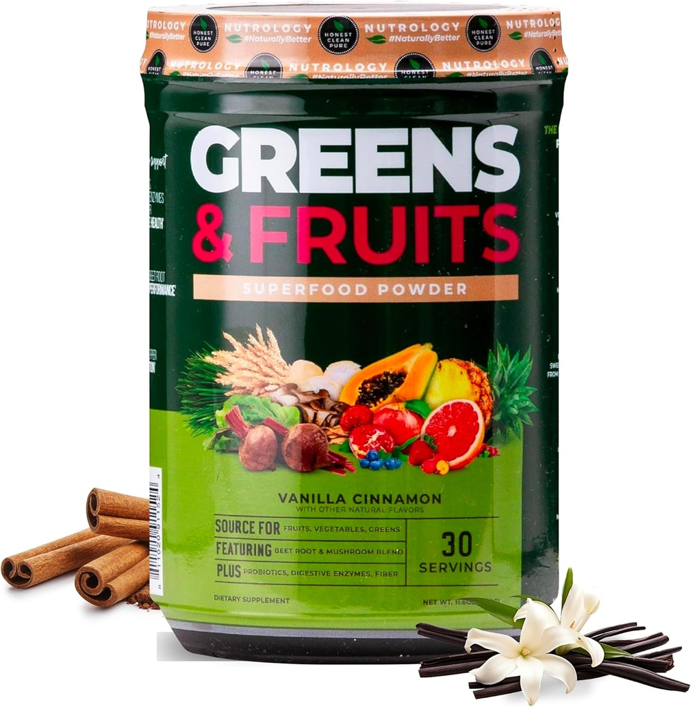 Nutrologi Grønne & frugter Powder- naturligt sourced superfood, Beet Powder, Mushroom Blend, Probiotika, fordøjelsesenzymer, fibre, antioxidanter, immunforsvar, Gluten Free - Vanilla kanel