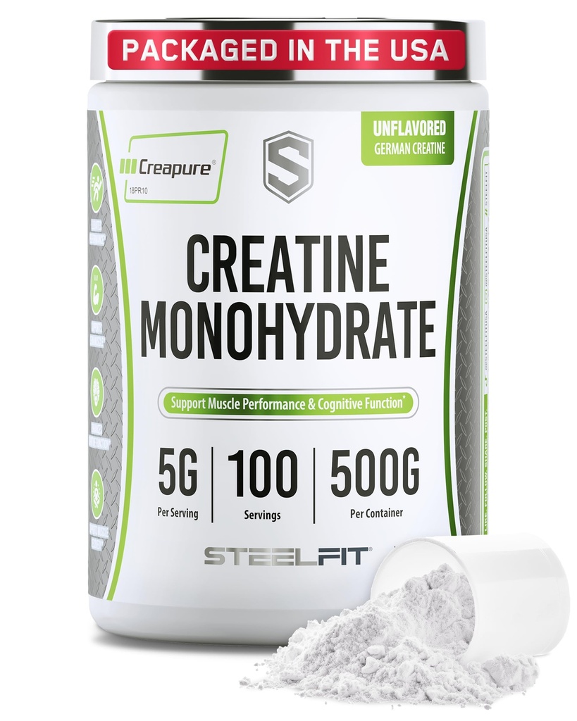 SteelFit Creapure Creatinine monohydrat pulver, Unflavored - Tysk mikroniseret Creatinine pulver til mænd og kvinder - Gym workout kosttilskud til muskel Gain, hjerne sundhed & styrke Building