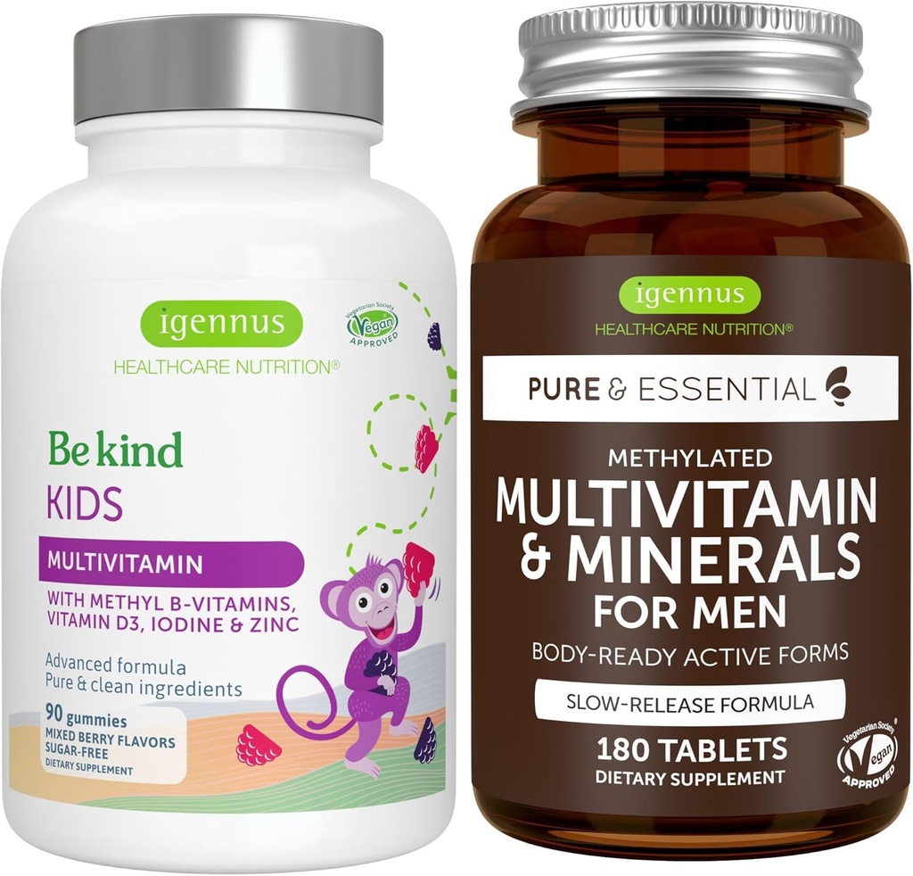 Methylerede Kids Multivitamin Gummy + Methylerede Mænds Multivitamin Bundle, MTHFR Kosttilskud med aktive B- Vitaminer, Clean Label, af Igennus