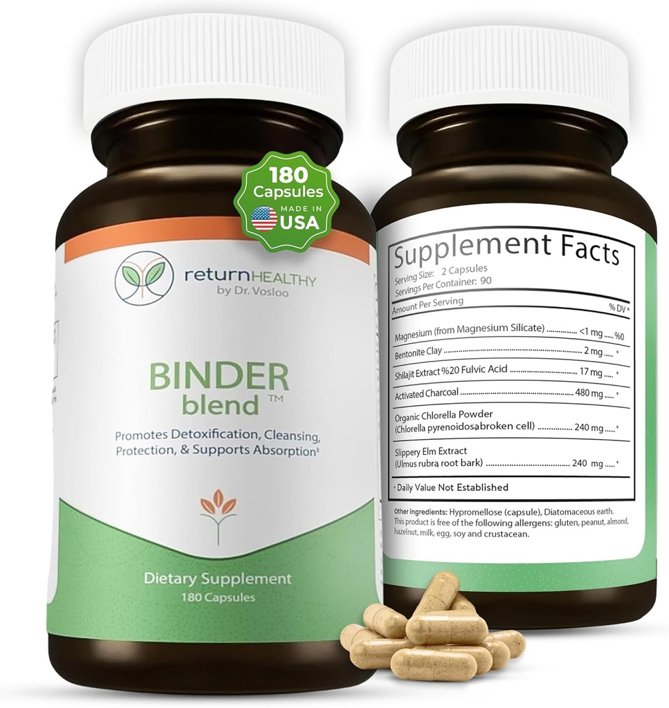 Binder Blend - Toxin Binder Supplement, Detox kapsler til en sund Gut - 180 Kapsler - 90 Servering - 960mg Aktiveret kul & 480mg Organic Chlorella - Bloating Relief - Bentonite Clay