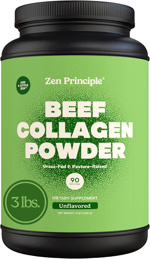 Zen Principle Grass-Fed Agglomerated Hydrolyzed Collagen Peptides 3 lb. Anti-Aging Protein Powder for Healthy Hair, Skin & Joints. Paleo and Keto Friendly, GMO and Gluten Free, Pasture-Raised Bovine.