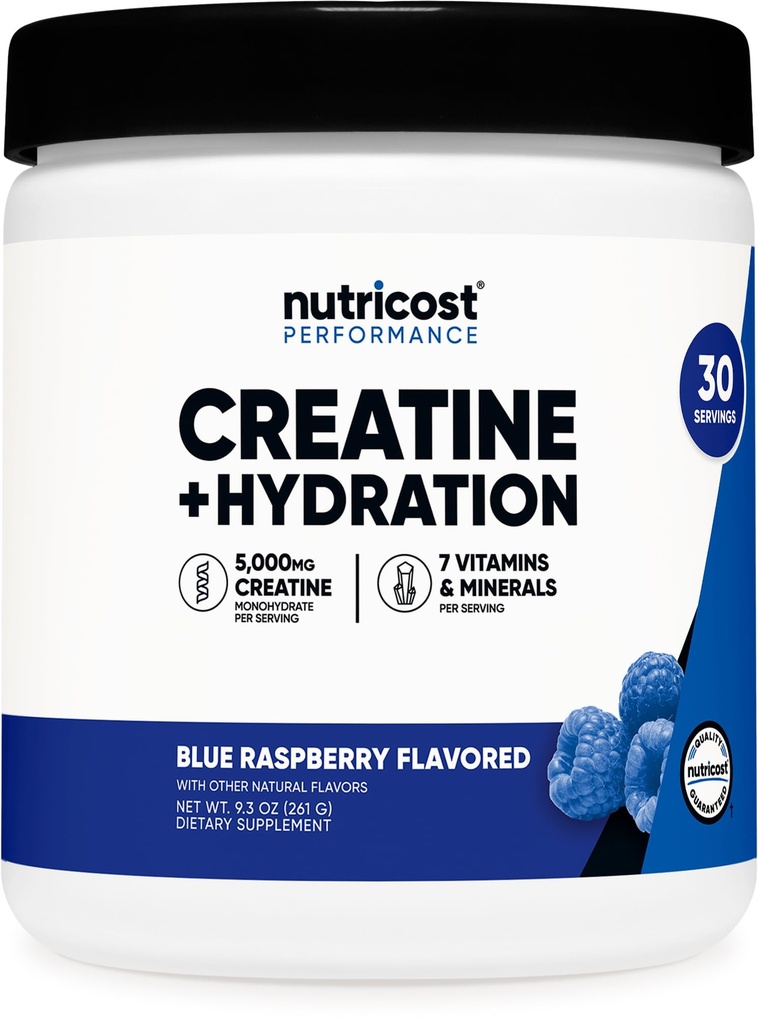 Nutricost Creatine Monohydrat + Hydration Blå Raspberry Flavored (30 Servere) - 7 Vitamin & Min, 5000mg Creatin Per Servering