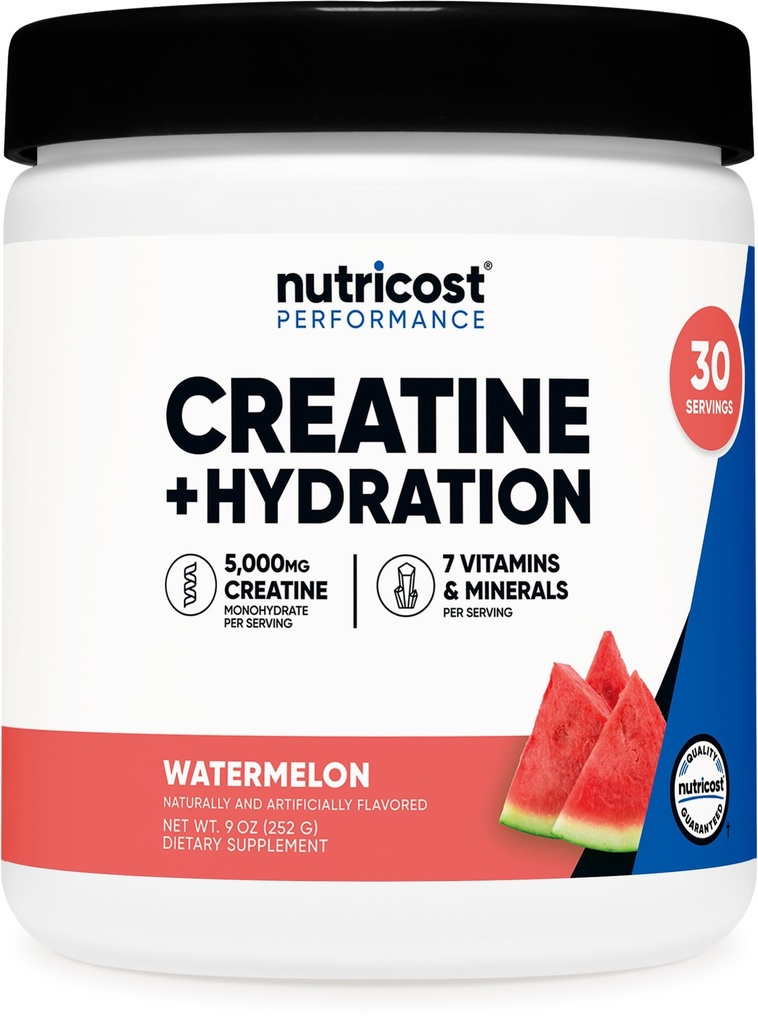 Nutricost Creatine Monohydrate + Hydration Watermelon Flavored (30 Servings) - 7 Vitamins & Minerals, 5000mg of Creatine Per Serving