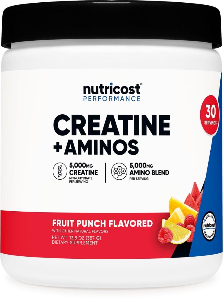 Nutricost Creatin + Aminos 30 Servering (Fruit Punch Flavored) - 5,000mg Creatine Monohydrat + 5000mg Amino BCAA Blend Per Servering