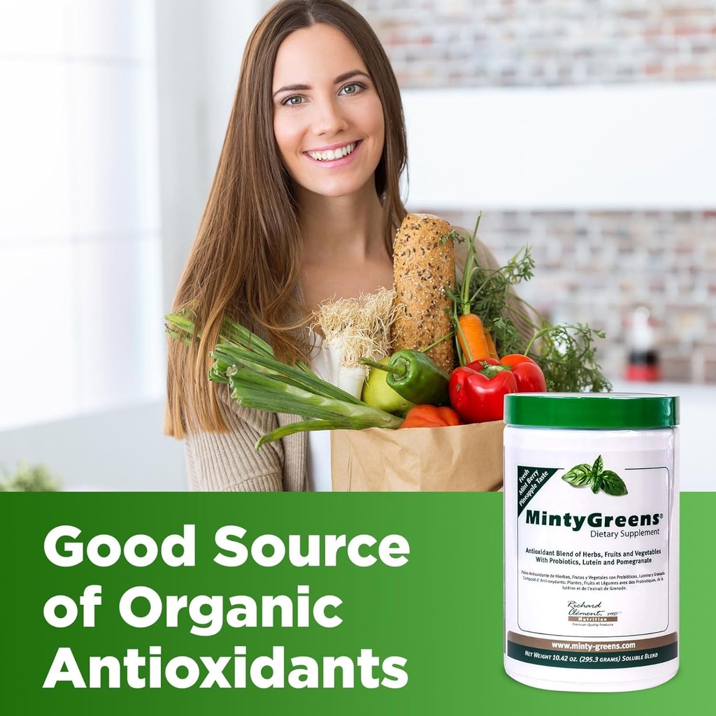 Minty Greens Dietary Supplement - 295 Grams - Fruits and Veggies Supplement - Greens Supplements Superfood Antioxidant Powder Blend with Spirulina Herbs Probiotics Lutein and Pomegranate