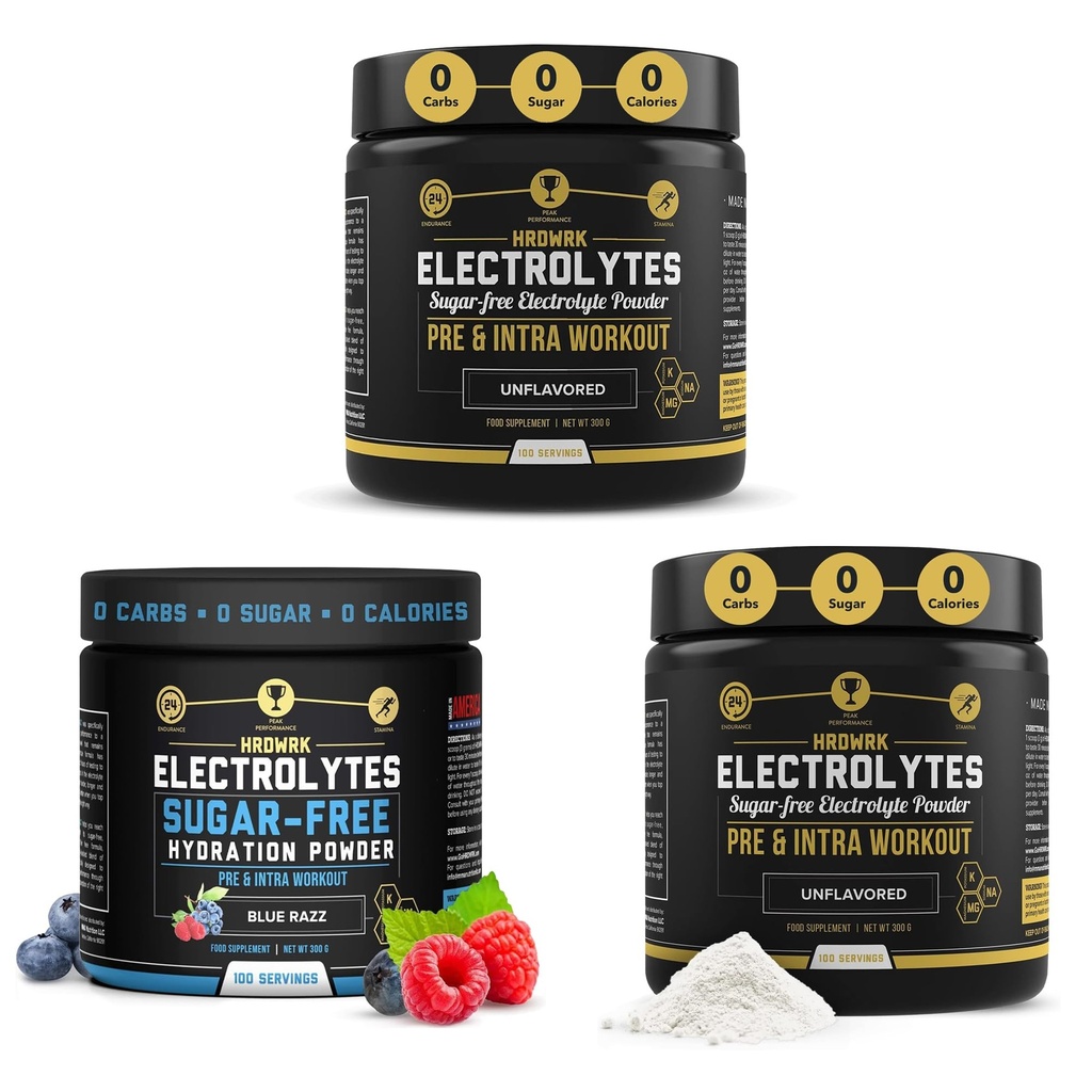 HRDWRK - 100 Servere Keto Electrolytes Powder Hydration Sugar Free - Electrolyte Powder to Boost Endurance & Reducer Træthed med Electrolytes Supplement (Unflavored Set of 2 & Blue Razz)