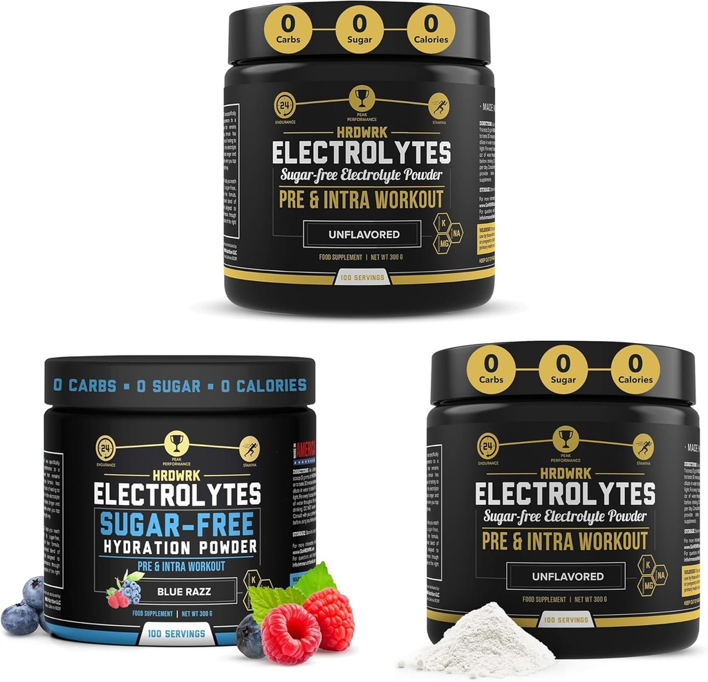 HRDWRK - 100 Servings Keto Electrolytes Powder Hydration Sugar Free - Electrolyte Powder to Boost Endurance & Reduce Fatigue with Electrolytes Supplement (Unflavored Set of 2 & Blue Razz)