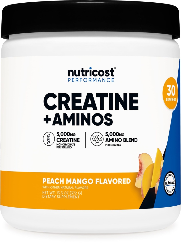 Nutricost Creatin + Aminos 30 Servering (Peach Mango Flavored) - 5,000mg Creatine Monohydrat + 5000mg Amino BCAA Blend Per Servering