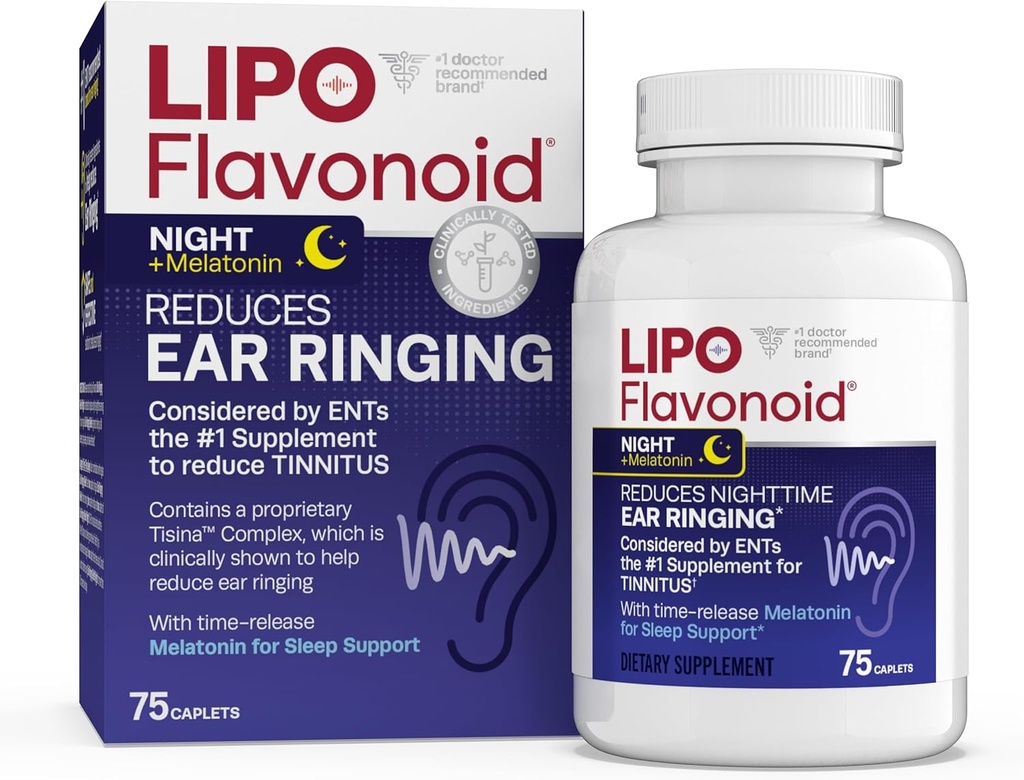 Lipo- flavonoid Nighttime PM for Tinnitus Relief - Søvnhjælp med Melatonin, Bioflavonoider, & C-vitamin - Ringning i Ørene, Ear Sundhed, & Afslapning - Brug med Lipo- Flavonoid Plus - 75 kapsler