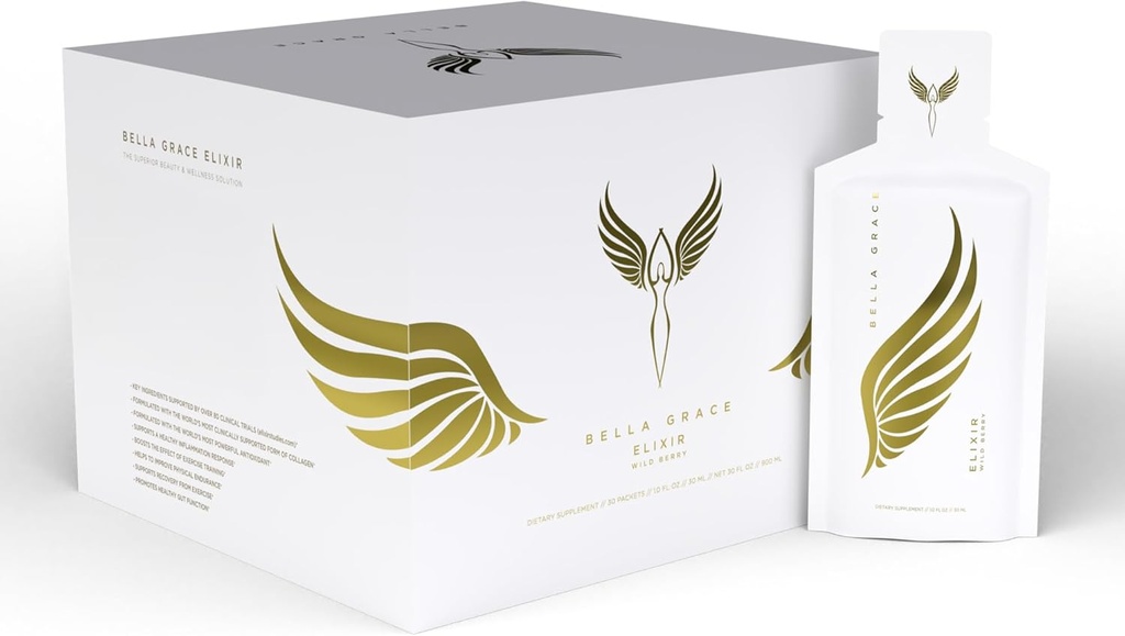 Bella Grace Elixir Collagen Peptider supplement til hudpleje & sundhed med Verisol Collagen, AstaReal Astaxanthin, og Cat 's Claw, Understøtter Collagen Regeneration, Antioxidant Protection, 30 Serveringer