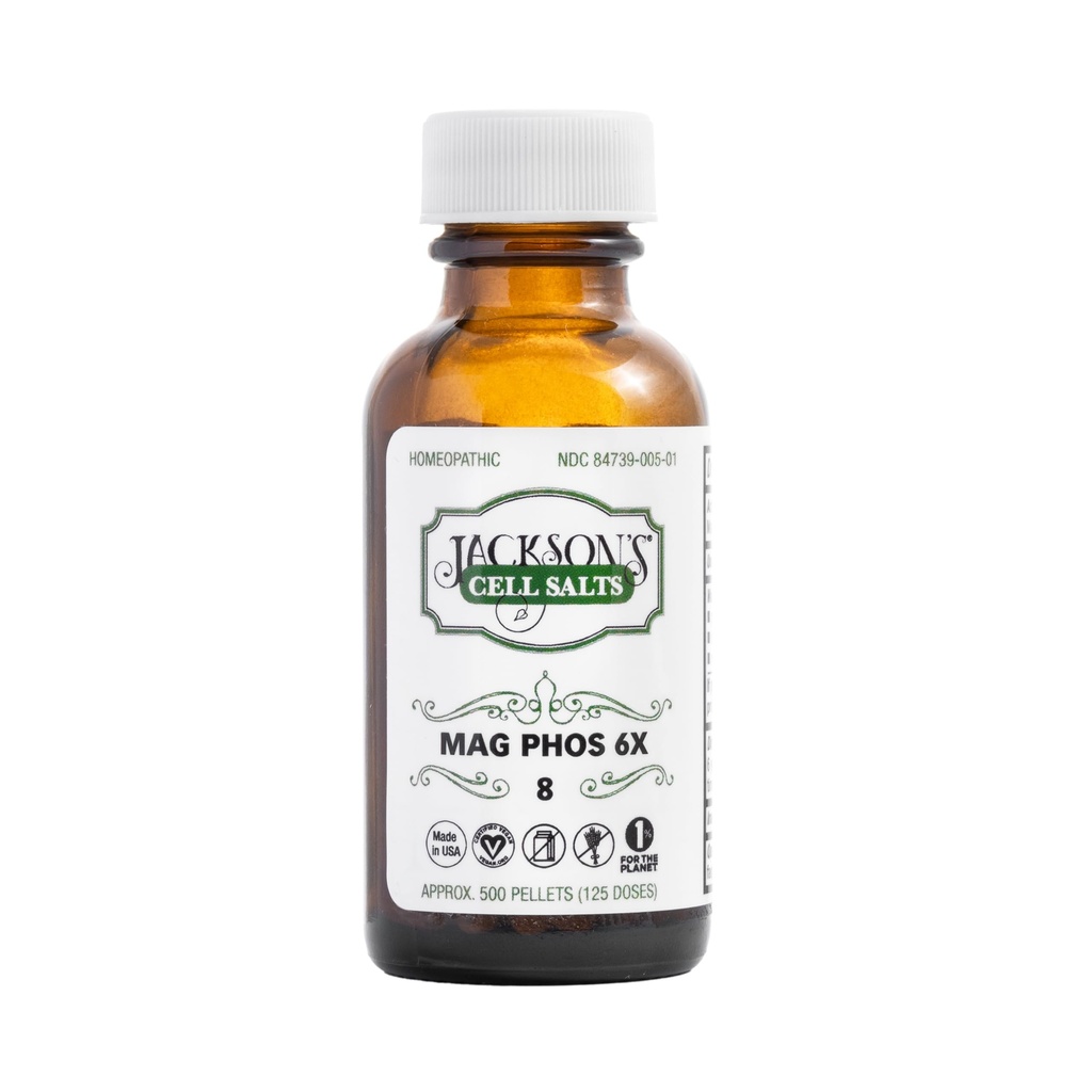 Jacksons # 8 Cell Salt Mag Phos 6X (500 pellet flaske) - Certificeret Vegan, Lactose- Free Schuessler Tissue Salt Magnesia Phospholica 6X