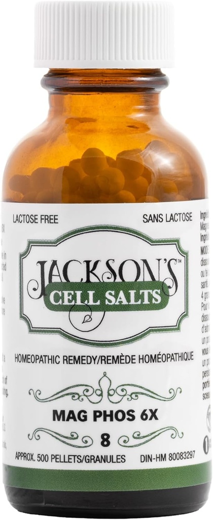 Jacksons # 8 Cell Salt Mag Phos 6X (500 pellet flaske) - Certificeret Vegan, Lactose- Free Schuessler Tissue Salt Magnesia Phospholica 6X