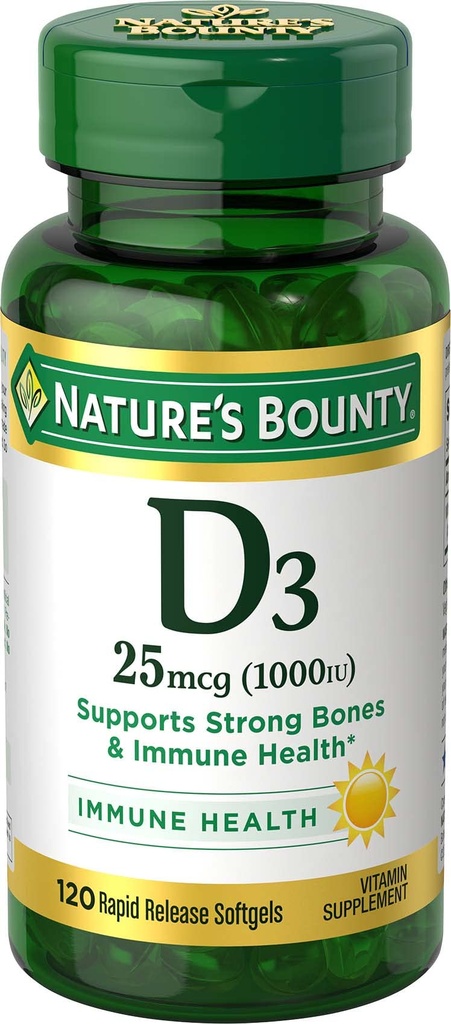 Nature's Bounty Vitamin D3 Vitamin Supplement, Supports Immune System and Bone Health, 1000IU, 120 Softgels