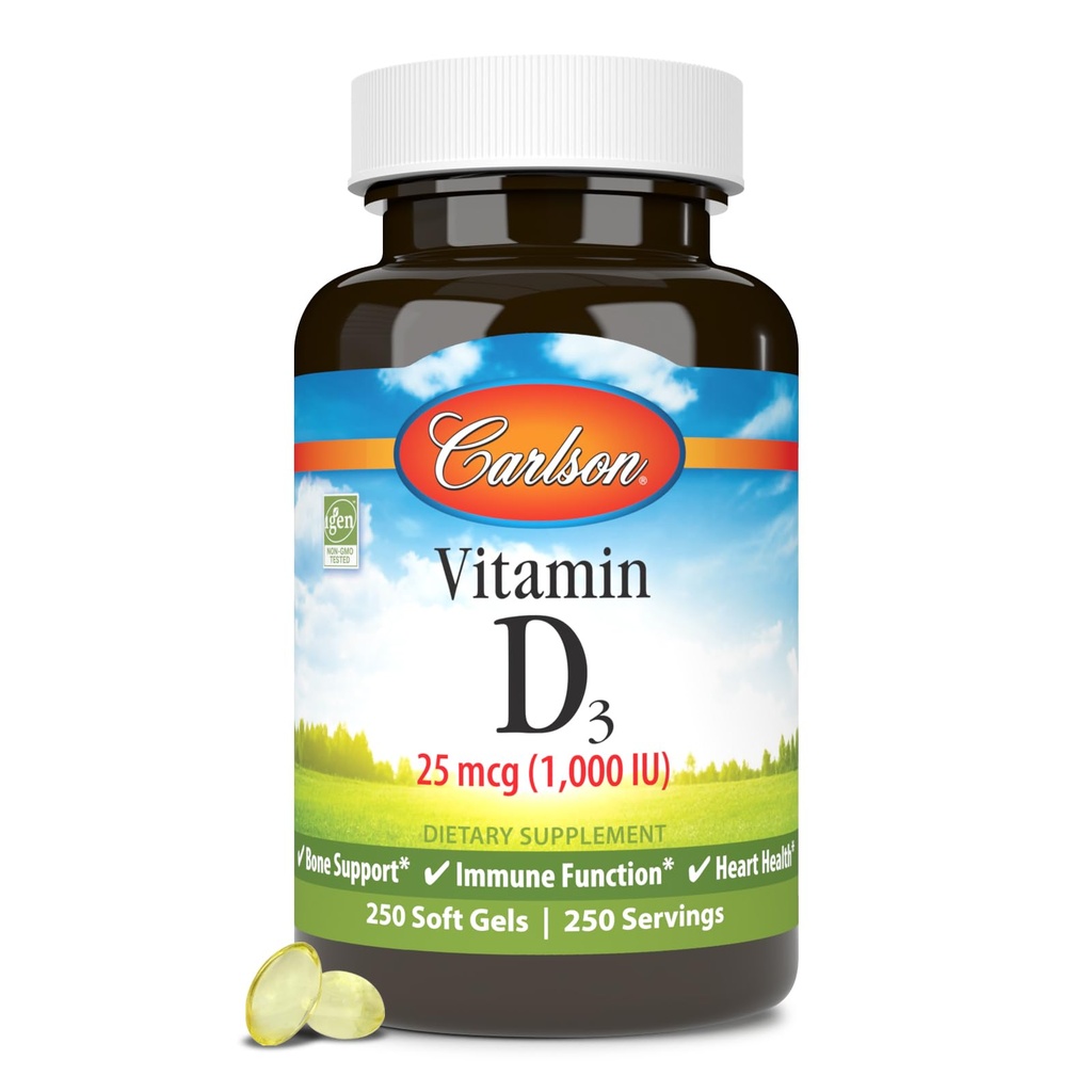 Carlson - Vitamin D3, 1000 IU (25 mcg), Bone Health, Muscle Health, Cholecalciferol, Vitamin D Supplements, Vitamin D3 Soft Gels, 250 Softgels