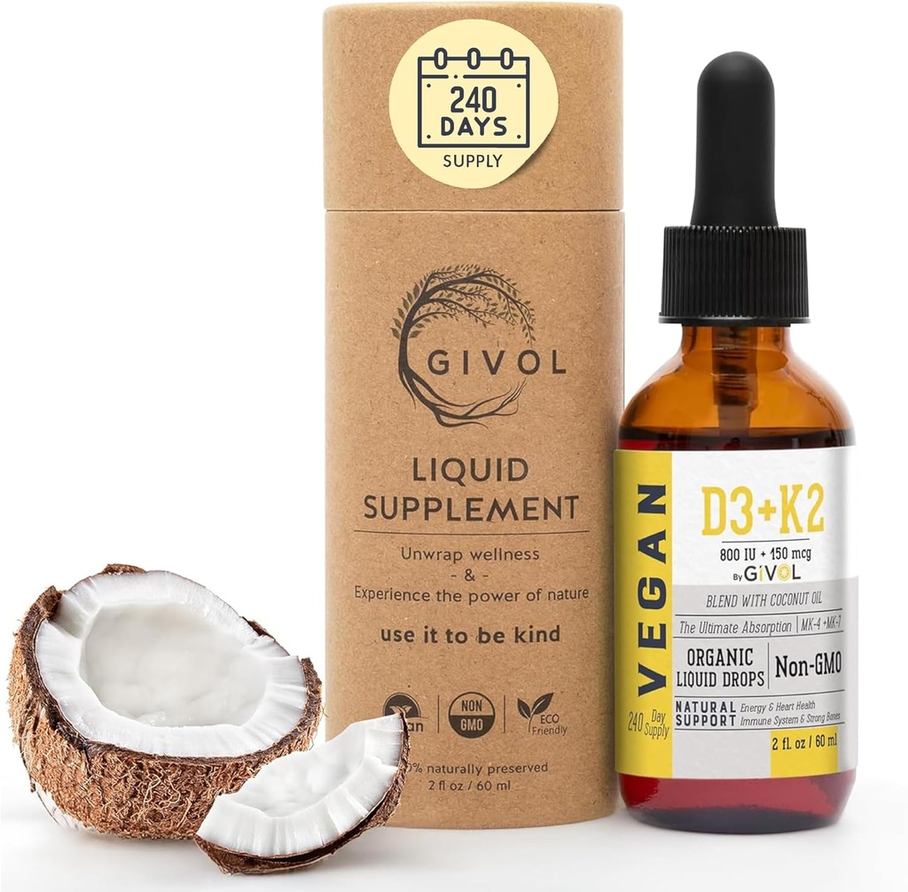 Vitamin D3 + K2 Flydende dråber (MK4 & MK7) Organisk fraktioneret kokosolie, Plant- baseret, Gluten- fri, Dairy- fri, Soy- fri, Nut- fri - høj potens, afledt fra Lichen & Natto, 2oz 240 dages forsyning