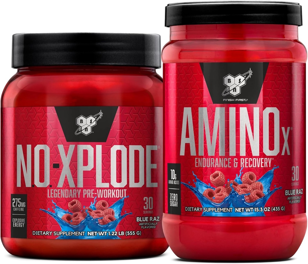 BSN workout bundle af NO XPLODE Pre Workout Powder Blue Raz, 30 Servere AMINO X Muscle Recovery Intra Workout Support, Koffein Free Blue Raz, 30 Servere