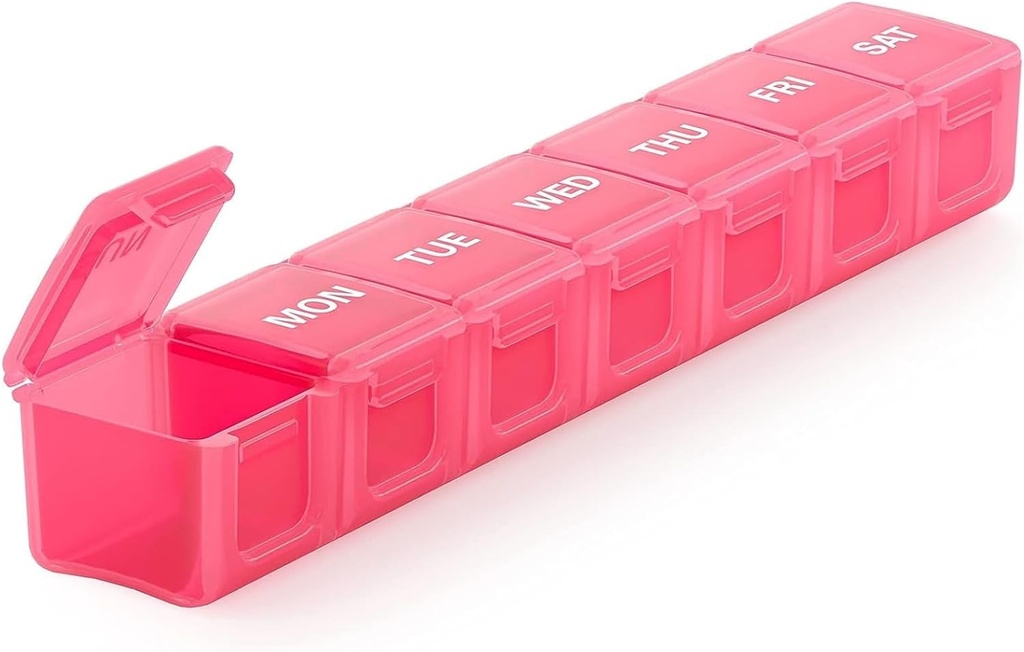Sukuos Ekstra Stor Ugentlig Pill Organizer, 7 Dag Daglig Pill Box Case Gigt Friendly, Silkscreen Printed Medicine Container med Clear Lid for Vitaminer, Fiskeolier eller Kosttilskud (Pink)