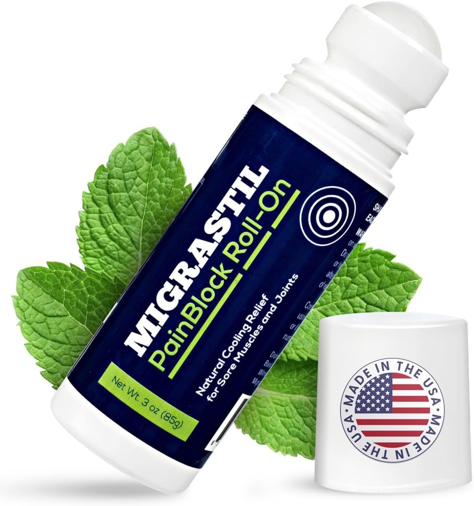 Grundlæggende Vigor Migrastil PainBlock Roll-On, 3 oz - tematisk Roll-On for Muscle Aches, kramper, fælles & nerve ubehag. Arbejder godt på Skuldre, Neck, Feet, Knees, Ben, Ryg, Albuer, HIPS, Etc.