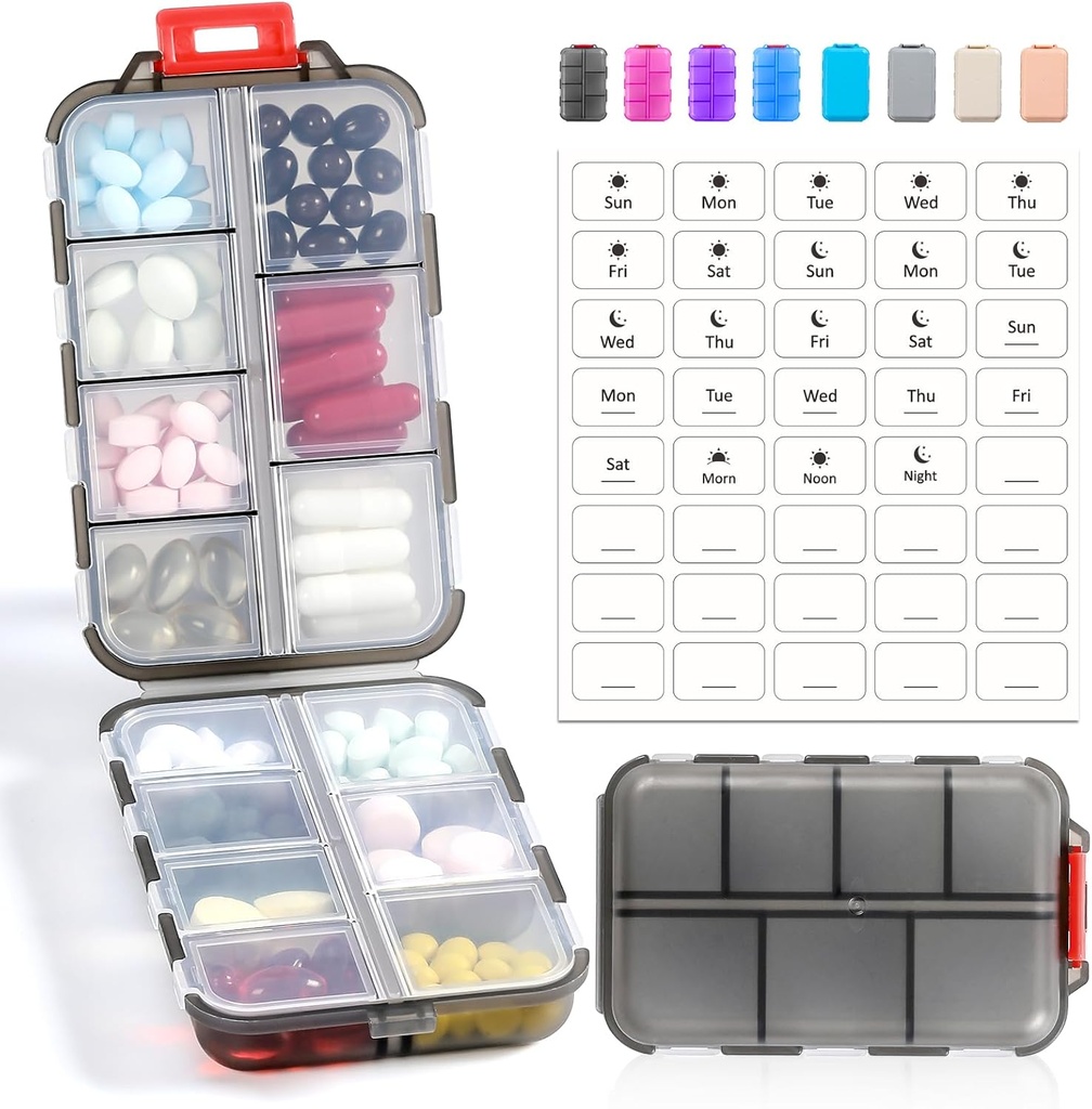 14 GRIDS Travel Pill Organizer Box med etiketter - Travel Medicine Case Kit - Pocket Daily Pharmacy Container - Travel Medication Holder Dispenser for Fish Oil Vitamin Supplement Storage - Clear Gray
