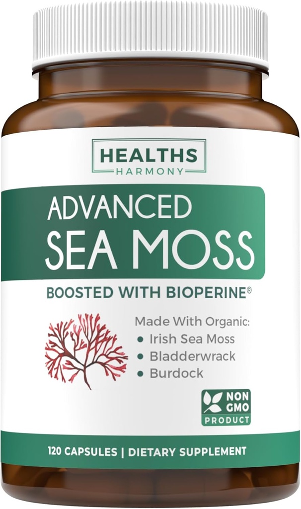 Organic Irish Sea Moss Capsules - Organic Sea Moss Capsules med Bladderwrack Burdock Root og Black Pepper Extract for Enhanced Absorption - Vegan Non- GMO & Lavet i USA (2 måneders levering)