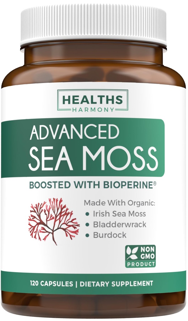 Organic Irish Sea Moss Capsules - Organic Sea Moss Capsules med Bladderwrack Burdock Root og Black Pepper Extract for Enhanced Absorption - Vegan Non- GMO & Lavet i USA (2 måneders levering)