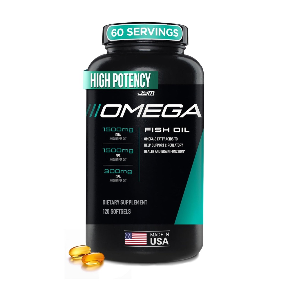 JYM Supplement Science Omega JYM Fish Oil 2800mg, High Potency Omega 3, EPA, DHA, DPA for hjerne, hjerte, & fælles støtte 120 Soft Gels