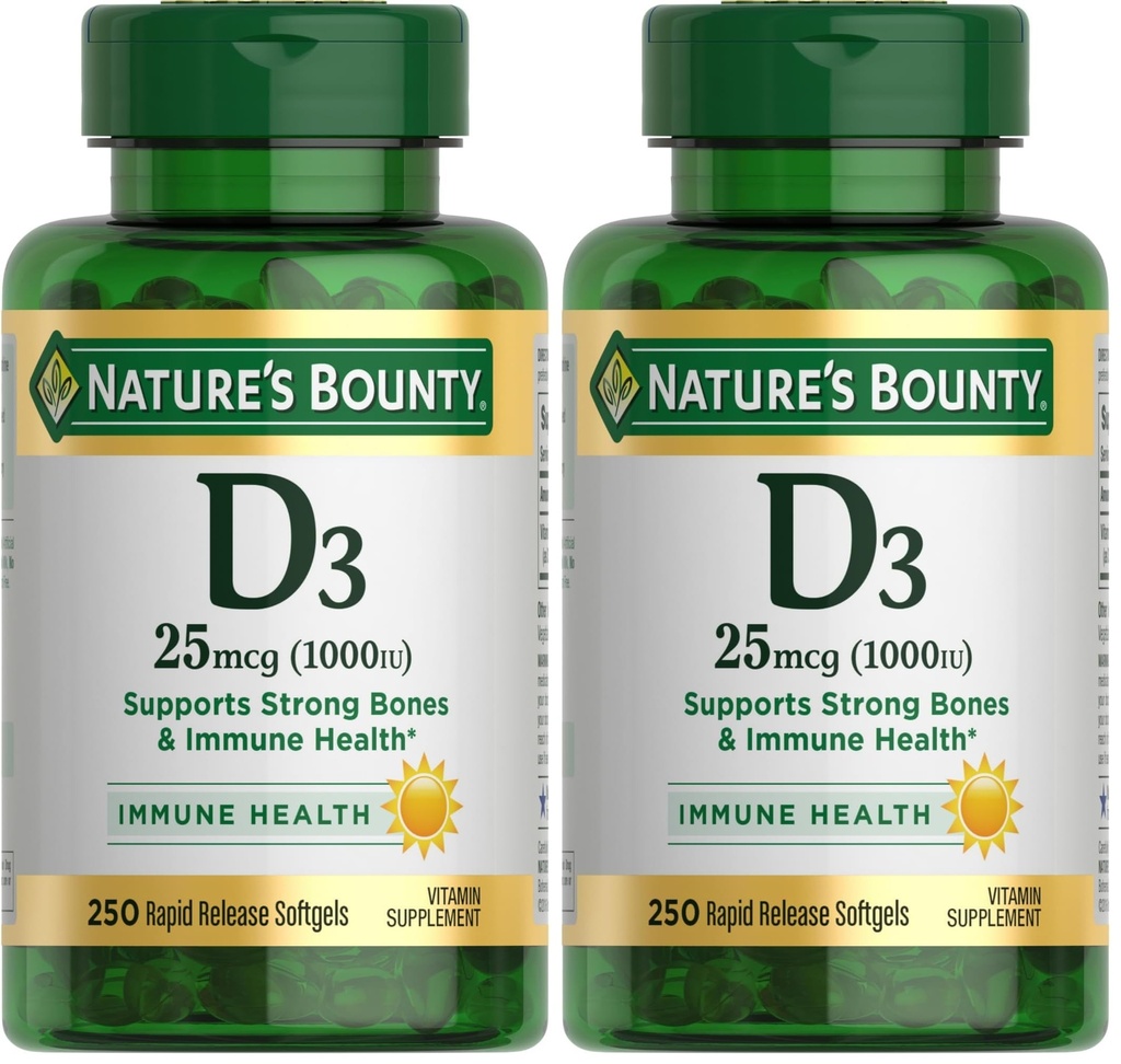 Nature's Bounty Vitamin D3 1000 IU, Immune Support, Helps Maintain Healthy Bones, 250 Rapid Release Softgels (Pack of 2)