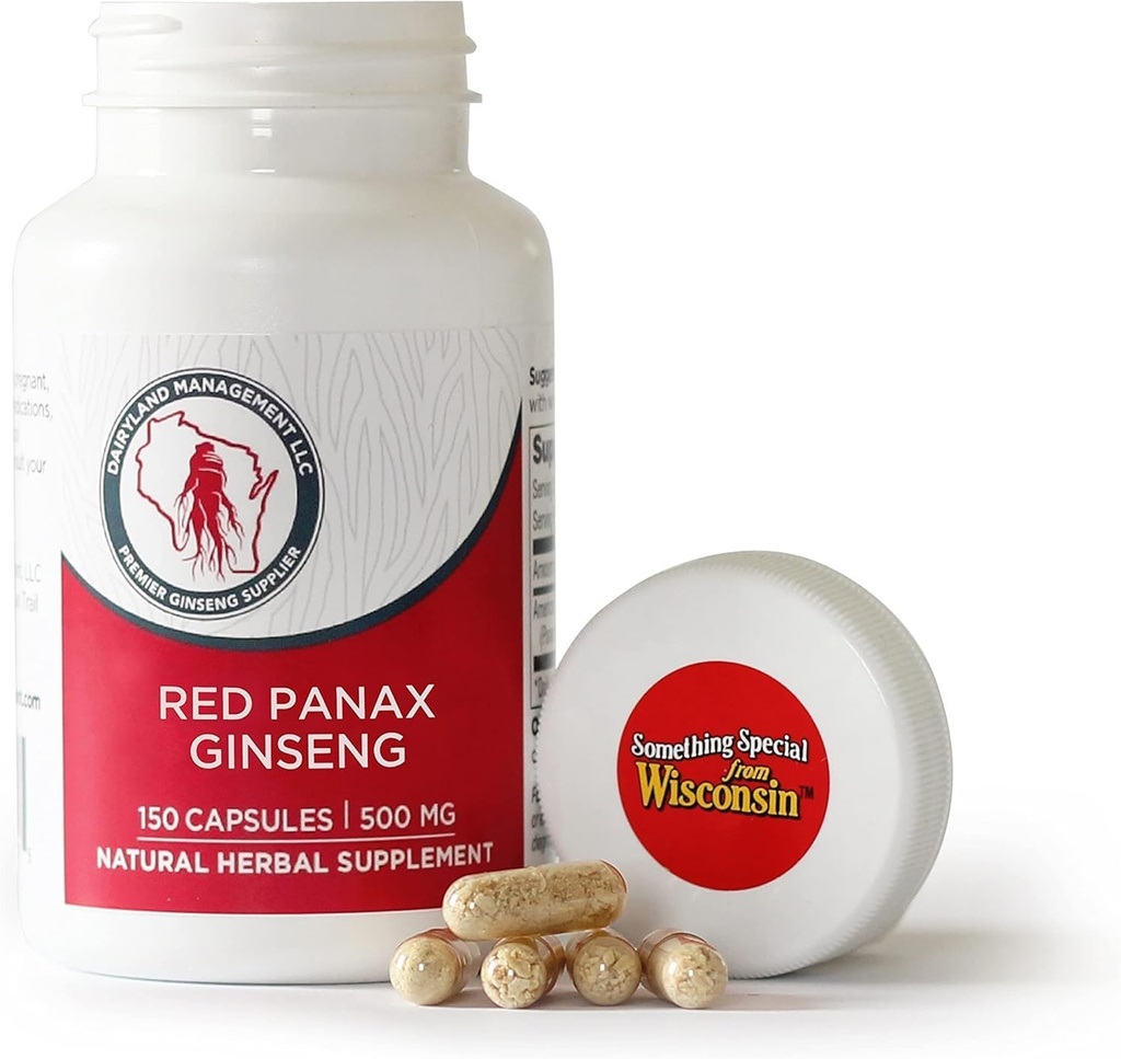 Dairyland Management LLC 100% autentiske koreanske røde panax Ginseng kapsler -500 mg. Potent Ground Ginseng Root Extract Powder - Ingen Fillers, Binders eller andre tilsætningsstoffer. (150 ct)