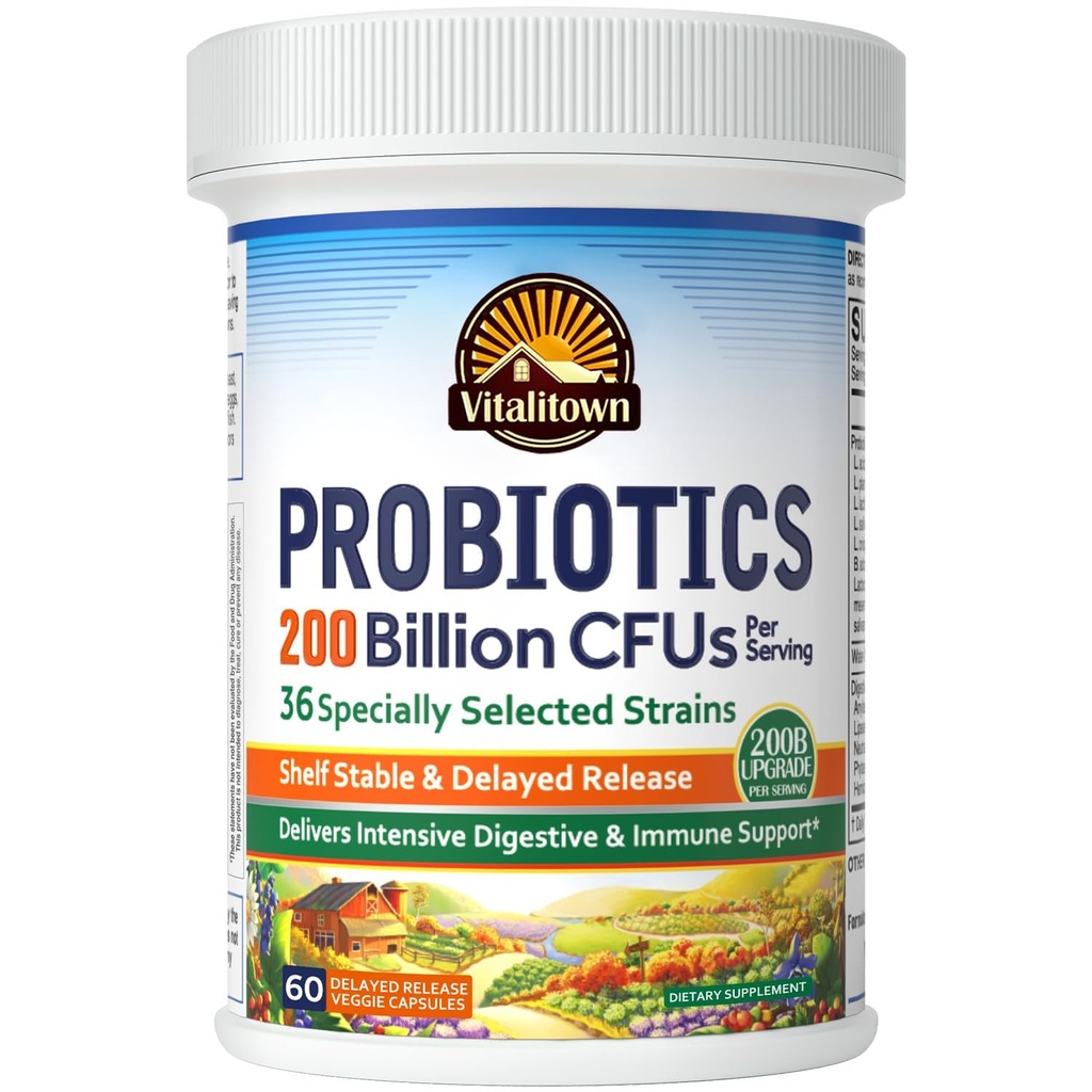 Vitalitown Probiotics 200 Billion CFUs 36 Strains | Shelf Stable, Acid & Bile Resistant | Intensive Digestive & Immune Support | Men & Women Probiotics | Vegan Non-GMO | 60 ct