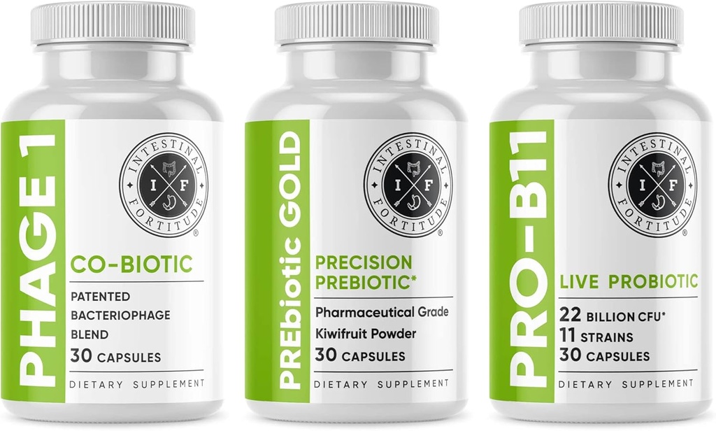 Intestinal Fortitude Gut Health Supplement Bundle - PREbiotic Gold, PRO- B11, Phage 1 - w / Gold Kiwifruit Pectin, SCFA 'er, og 22 Millioner CFU til Microbiome Support, Gluten, Soy, & Dairy- Gratis kapsler
