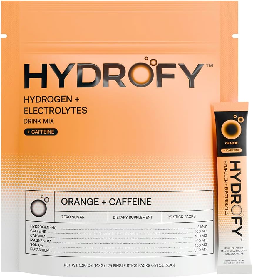 Hydrogenvand + elektrolyter Drink Mix 124; H2 Hydrationspakninger med Molecular Hydrogen, natrium, kalium, magnesium, calcium, og mineraler; ingen sukkeropløsning 124; Orange + koffein 25 ct