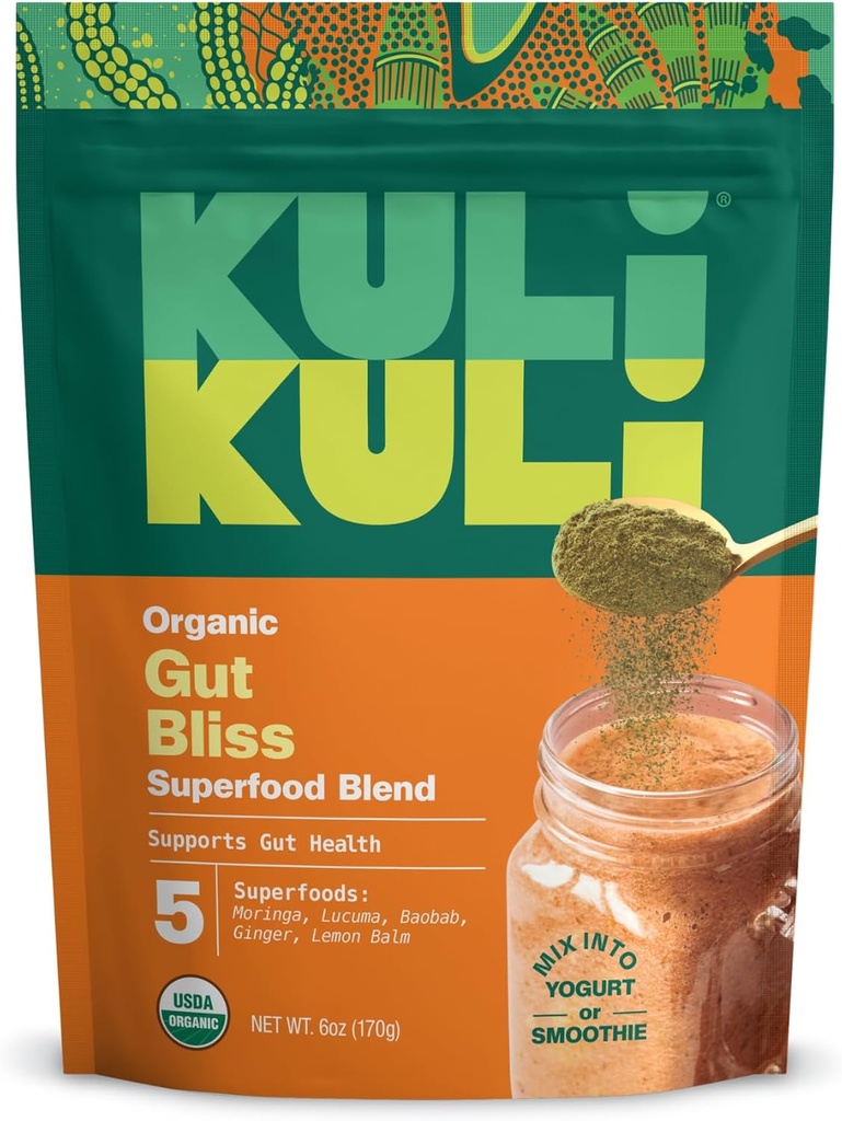 Kui Kui Gut Bliss Superfood Powder [6 oz] - Kraftfuld Blend of Organic Moringa, Baobab, Lucuma, Ginger og Lemon Balm - Fremme fordøjelse, Sothe the Mave og Boost Gut Sundhed