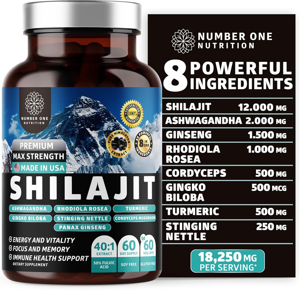 Pure Himalayan Shilajit for kvinder og mænd [50% Fulvic Acid] Bedre end Resin med Ashwagandha, Ginseng, gurkemeje, Gingko Biloba, Stinging Nettle, Cordyceps at støtte energi & immunitet, 60Caps