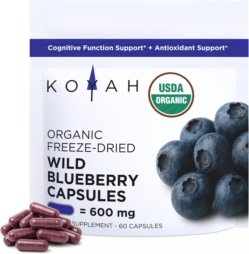 KOYAH Organic Wild Blueberry Capsules - Frysetørret hele frugt - 600 mg (3,960 mg frisk) - Lowbush Variety (Vaccinium angustifolium) - Kognitiv funktion & Antioxidant Support - 60 kapsler