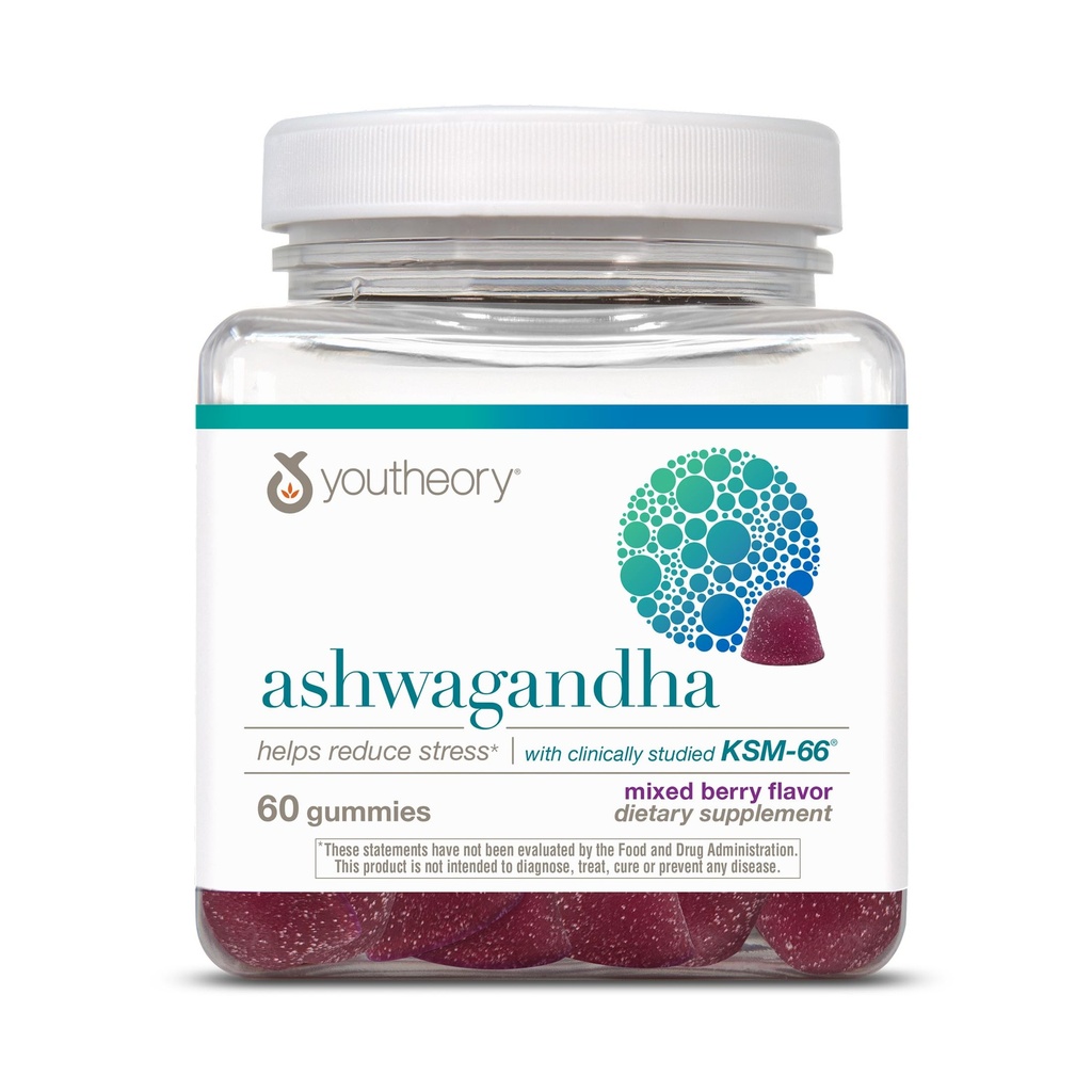 Youtheory Ashwagandha - Vegetarian Energy & Stress Support Supplement with Organic KSM-66 & Ginger Extract - Cane Sugar-Mixed Berry, 60 Gummies (20 Day Supply)
