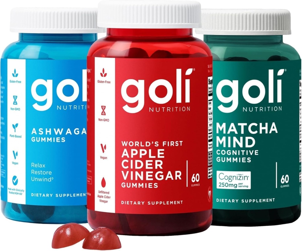 Goli Favorites Trio: Ashwagandha KSM-66, Apple Cider Vinegar, Matcha Mind Supplements with Cognizin, Vitamins D2 and B12