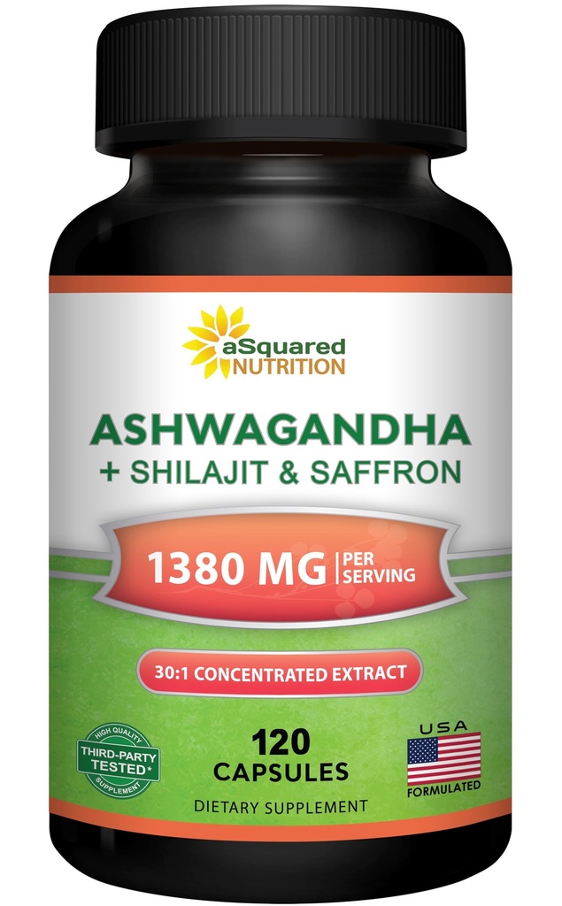 aSquared Nutrition Ashwagandha Supplements for Men & Women + Shilajit & Saffron - 120 Capsules - Pure Root Powder Complex - Pills Alternative to Gummies & Drops