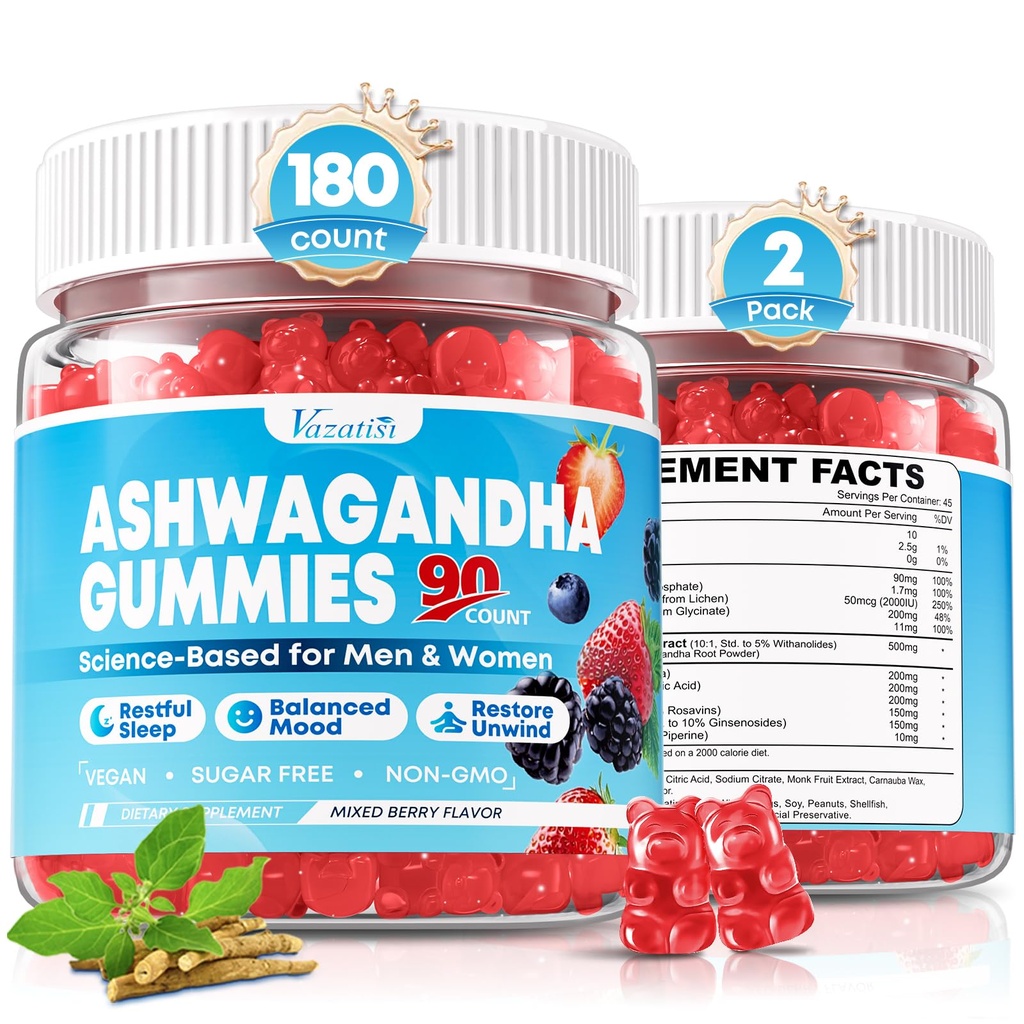 180 Count Ashwagandha Gummies with L-Theanine, GABA, Magnesium & Vitamin D3, Organic Ashwagandha Supplements for Women & Men for Relaxation & M00d Balance, Vegan, Sugar Free, Mixed Berry Flavor