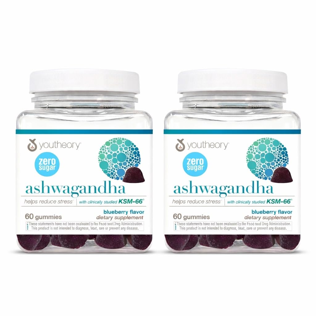 Youtheory Ashwagandha - Vegetarian Energy & Stress Support Supplement with Organic KSM-66 & Ginger Extract - Zero Sugar - Blueberry, 60 Gummies, Pack of 2 (60-Day Supply)