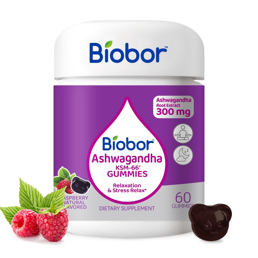 Biobor Ashwagandha Gummies, KSM-66 Ashwagandha Root Extract with Vitamin D3, Relaxation Support & Immune Support for Adults - GMO Free, Gluten Free